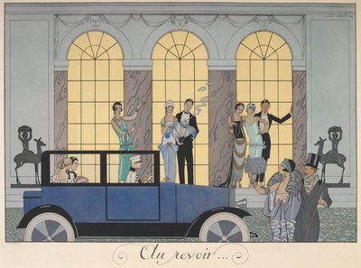 Nashledanou. Lidé odjíždějící v autě. Lidé ve večerních šatech. od Georges Barbier