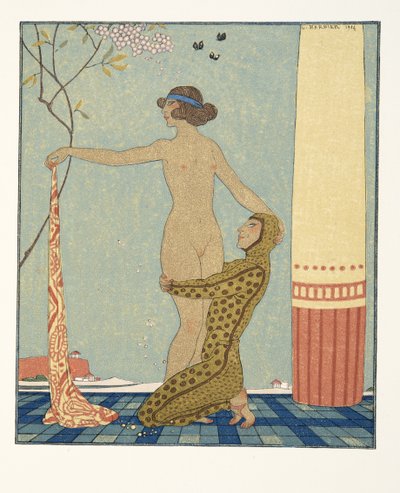 Bilitis, ilustrace z Les Chansons de Bilitis, Pierre Louys, hospoda. 1922 (tisk šablony) od Georges Barbier