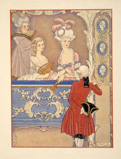 Cécile de Volanges a; Markýza Isabelle de Merteuil v divadle, ilustrace z 