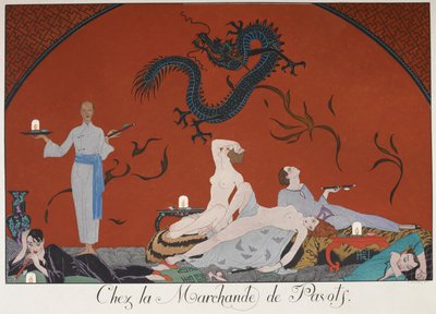 Chez la Marchande de Pasots. Lidé, někteří nazí, leželi v místnosti. Čínská dekorace. od Georges Barbier