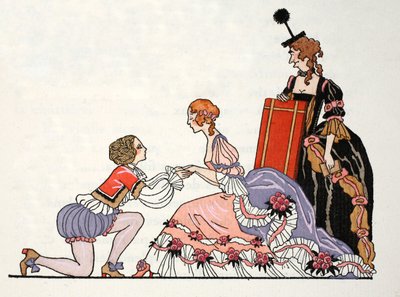 Popelka s půvabným princem, přihlíží její nevlastní matka (pochoir print) od Georges Barbier