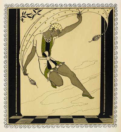 "Kleopatre". Tanečnice z produkce Antona Arenskyho z roku 1909, která má na sobě krátký bílo-zeleno-černý outfit se zavázaným pasem, zelené boty a bílý vzorovaný klobouk. od Georges Barbier