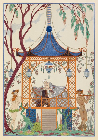 Cythère. Muž a žena v pavilonu, objímající se. Mýtické bytosti venku, hrající na dýmky. od Georges Barbier