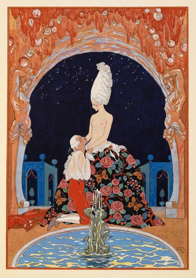 Dans la Grotte. Muž klečící před polonahou ženou u fontány. od Georges Barbier