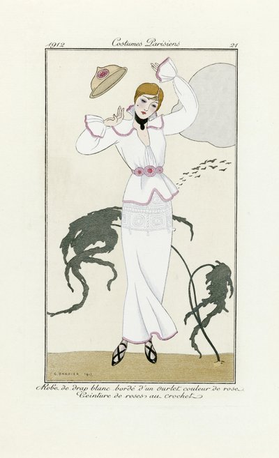 Design pro bílé šaty s růžovým lemováním a háčkovaným páskem, od Costumes Parisien, pub. 1912 (pochoir print) od Georges Barbier