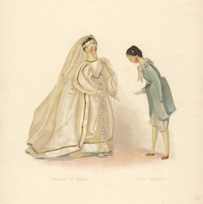 Panenky vévodkyně z Parmy a hraběte Almavivy z Lazebníka sevillského, které oblékala mladá princezna Viktorie. Barevná deska podle ilustrace Alana Wrighta z Queen Victoria’s Dolls Frances H. Low, George Newness, Londýn od Georges Barbier