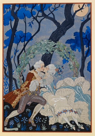 En Sourdine. Muž a žena líbající se v měsíčním světle. od Georges Barbier