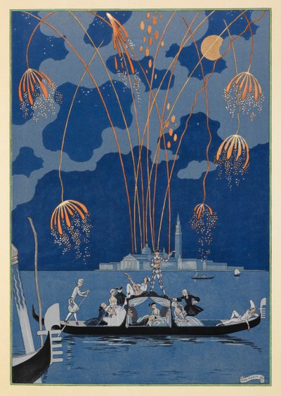 Na lodi. Ohňostroj v Benátkách. Lidé v gondole. od Georges Barbier