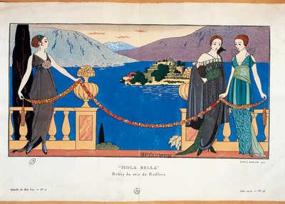 Módní talíř od Georgese Barbiera zobrazující dámy ve večerních šatech Redfern a Borromean Isola Bella v pozadí Pařížský haute couture časopis Gazette du Bon Ton od Georges Barbier