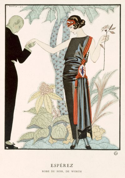 "Gazette du Bon Ton"; Esperez, večerní šaty Worth, cca 1920 (barevná litografie) od Georges Barbier