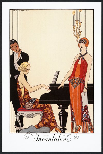 Zaklínadlo, pianistka a žena oblečená ve večerních róbách, ilustrace z Falbalas et Fanfreluches, Almanach z roku 1923 od Georges Barbier