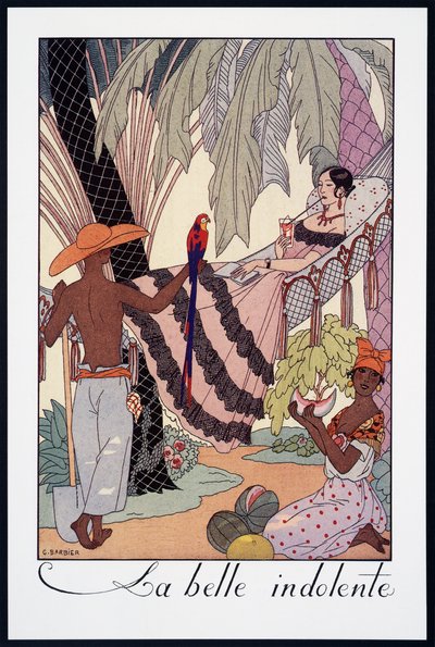La Belle Indolente, litografie George Barbiera (1882-1932), z Falbalas et Fanfreluches, Almanach des Modes Presentes, Passees et Futures, Francie, 20. století od Georges Barbier