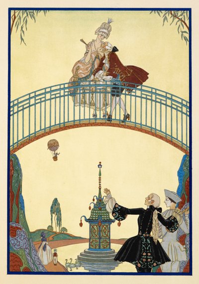 La Promenade. Muž a žena na mostě. Pierrot, dole. od Georges Barbier
