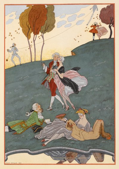 Les Ingenus. Řada mužů a žen. Muž pouštějící draka. Faun. od Georges Barbier