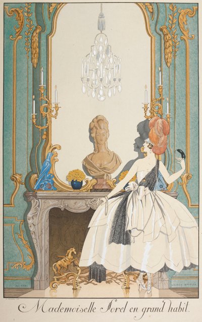 Mademoiselle Sorel ve velkém zvyku. Žena stojící před krbem. od Georges Barbier