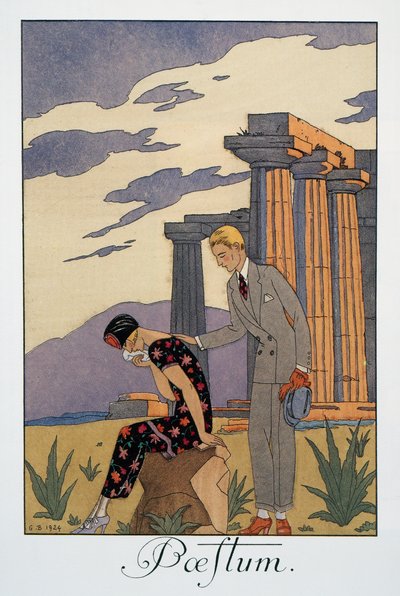 Paestum, litografie George Barbiera (1882-1932), z Falbalas et Fanfreluches, Almanach des Modes Presentes, Passees et Futures od Georges Barbier