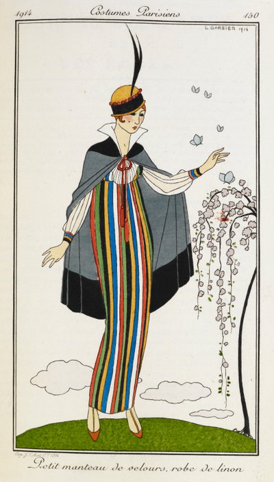 Petit manteau de velours, roucho de linon. Žena v malém sametovém plášti s pruhovanými plátěnými šaty, oranžovými botami a kloboukem zdobeným černou a červenou barvou. Kostýmy Parisiens. od Georges Barbier