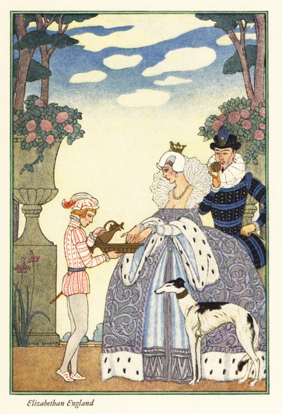 Královna Alžběta si myje ruce v misce držené jejím pážetem. 1928 (tisk) od Georges Barbier
