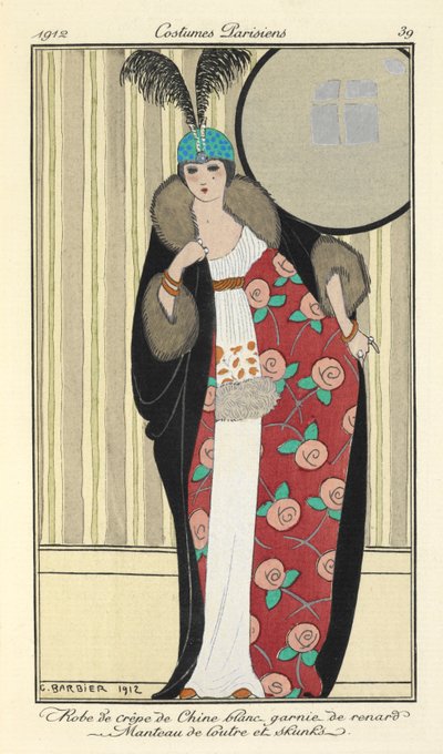 "Bílé krepdešínové šaty zdobené liškou. Kabát z vydry a skunky," od Georges Barbier