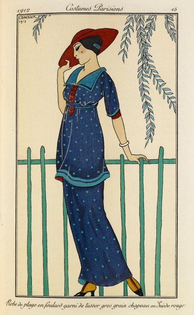 Robe de plage en faulard garni de tussor gros grain chapeau en Suède rouge. Kostýmy Parisiens č.15. Žena v plážových šatech a šátku ze surového hedvábí zdobeného grogrénem ve skvrnité modré a červené čepici. od Georges Barbier