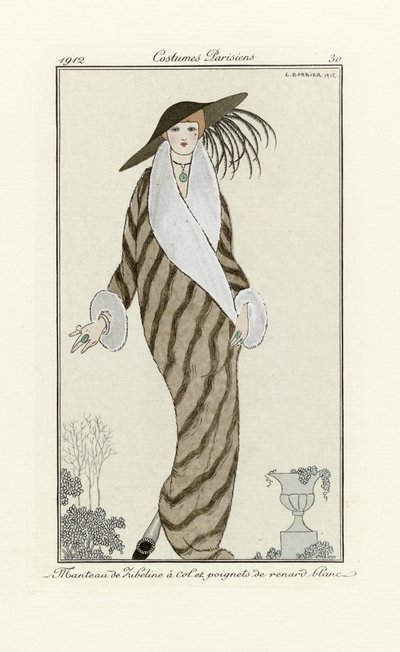 Sable Coat with White Fox Trim, from Costumes Parisien, pub. 1912 (pochoir print) od Georges Barbier