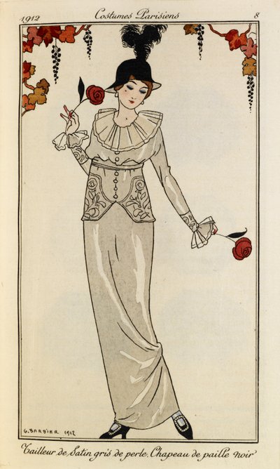 Tailleur de Satin gris de perle. Chapeau de paille noir“. Kostýmy Parisiens č.8. Žena na sobě perleťově šedé saténové šaty a černý slaměný klobouk s pérem. V každé ruce drží růži. od Georges Barbier