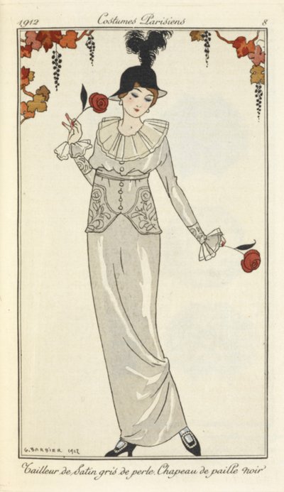 "Perlově šedý saténový oblek, černý slaměný klobouk." od Georges Barbier