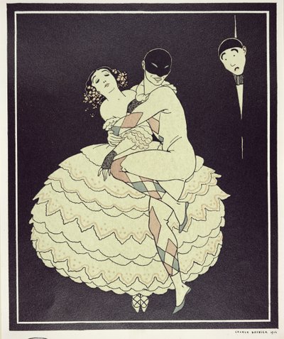 Tamara Karsavina (1885-1978) jako Kolumbína a Vaslav Nižinskij (1890-1950) jako Harlekýn ve Fokinově "Karnevalu" v roce 1910, vyd. 1914 (pochoárový tisk) od Georges Barbier