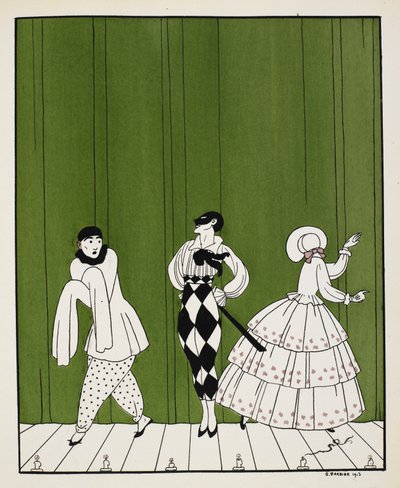 Tři postavy z baletu z roku 1910, Carnaval, složil Robert Schumann. Vlevo je mim. Uprostřed je muž oblečený v bílé košili s černou kravatou a kostkovanými kalhotami s maskou. Vpravo je dáma, čelem vzad od Georges Barbier