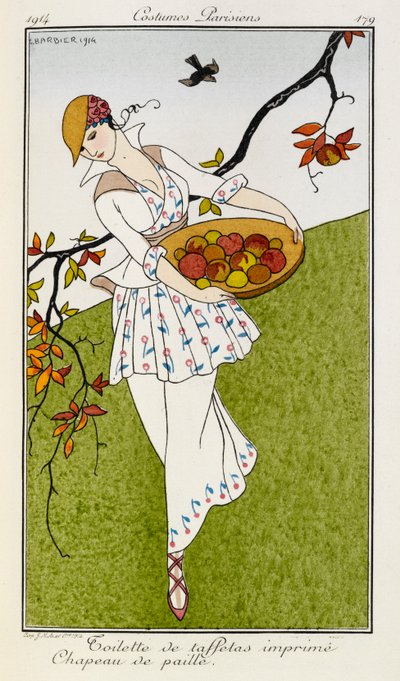 Toalette de taffetas imprime chapeau de paille. Kostýmy Parisiens č.179. Žena v hedvábném potištěném oblečení a slaměném klobouku. Nese misku s ovocem. od Georges Barbier