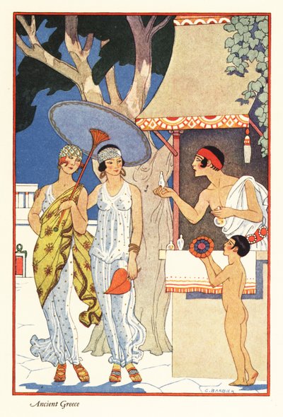 Dvě ženy nakupují u stánku prodejce parfémů ve starověkém Řecku 1928 (tisk) od Georges Barbier