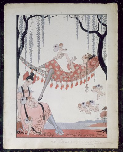 O čem mladé ženy sní? 1918 (pero, inkoust a akvarel na papíře) od Georges Barbier
