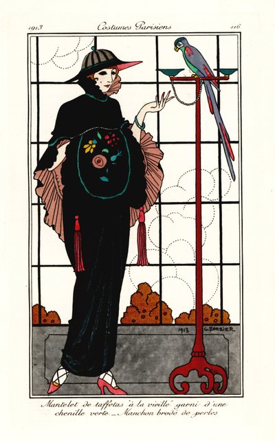 Žena ve staré taftové pláštěnce s papouškem od Georges Barbier