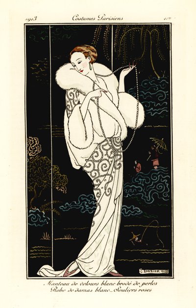 Žena v sametové pláštěnce, damaškových šatech a růžových pantoflích. od Georges Barbier