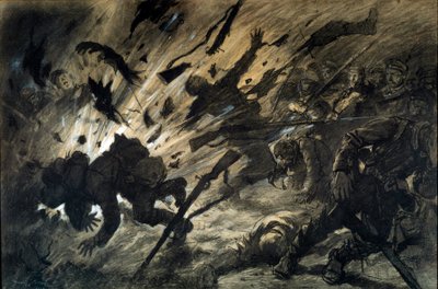 Efekt mušle v noci, duben 1915 Kresba Georgese Scotta dit Scott de Plagnolles (1874-1942) 1915 - Tuš na papíře, kvašové živé ploty - Slunce: 0,67x1 010 m - Paříž, Musee de l