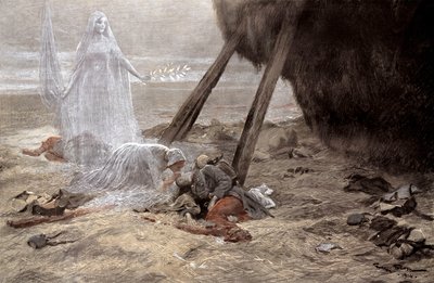 Dvě bílé ženy se zjevují umírajícímu vojákovi od Georges Bertin Scott
