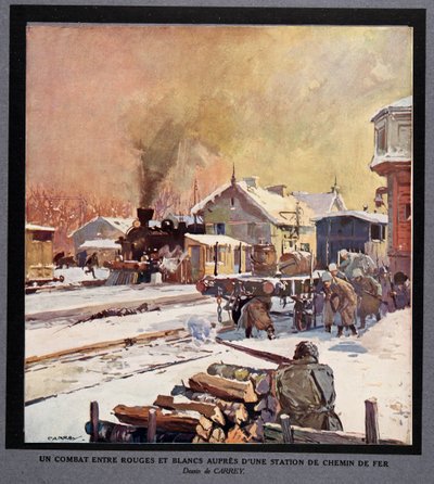 Boj mezi rudou a bílou gardou na nádraží, z knihy Histoire des Soviets, pub. 1922 (barevná litografie) od Georges Carrey