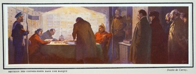 Uvnitř bankovního trezoru během revoluce, z knihy Histoire des Soviets, pub. 1922 (barevná litografie) od Georges Carrey
