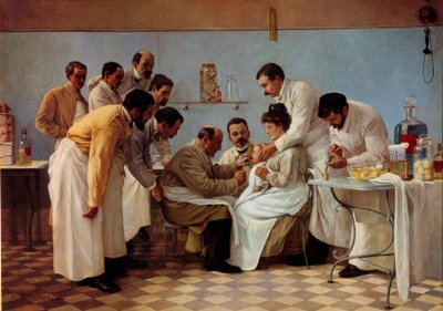 Medicína: “” Pouzdro””” Zavedení hadičky má difterické dítě. Malba Georgese Chicotota (aktivní mezi 1899 a 1907). Slunce 20. století. 1,3x1,8 m Musee de l