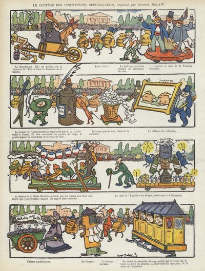 Průvod republikových institucí. Ilustrace pro Le Rire od Georges Delaw