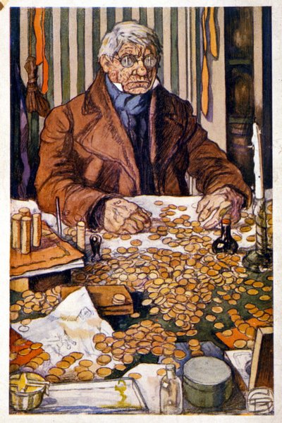 Le pere Grandet počítá své peníze - Ilustrace v „Eugenie Grandet“ od Honore de Balzac, kol. Ideální knihovna od Georges Dupuis
