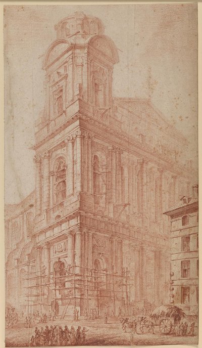 Fasáda S. Sulpice před dokončením - vpravo vozík před již neexistujícím domem; v popředí přihlížejících od Georges François Blondel