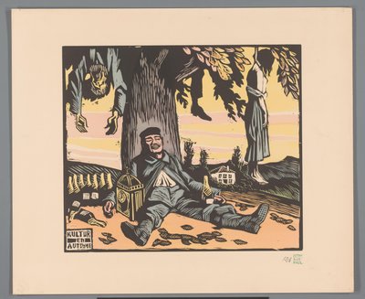 Voják ležící u stromu s oběšenými lidmi Kultur en automne (název na objektu) od Georges Hermann Rene Paul