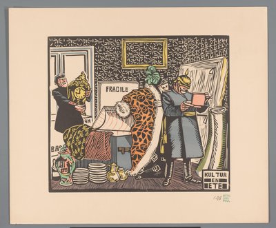 Vojáci vyrabují dům Kultura a jídlo (název na objektu) od Georges Hermann Rene Paul