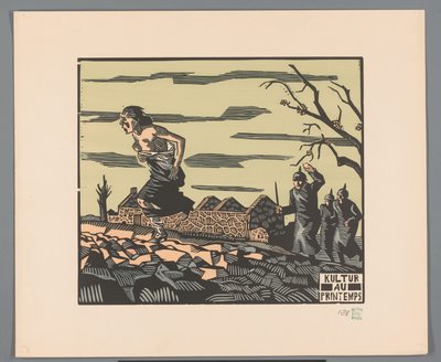 Žena prchá polonahá před třemi vojáky přes pole Kultur au printemps (název na objektu) od Georges Hermann Rene Paul