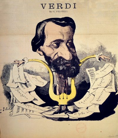 Kreslený film skladatele Giuseppe Verdiho (1813-1901) od Pilotella (1845-1918) březen 1869. Národní hudební konzervatoř, Paříž od Georges Labadie Pilotell