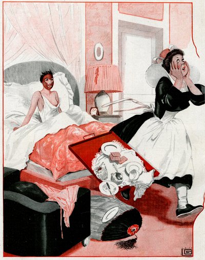 Takzvaná maska krásy a nová služebná - Můj bože! - ilustrace z časopisu la Vie Parisienne od Georges Leonnec