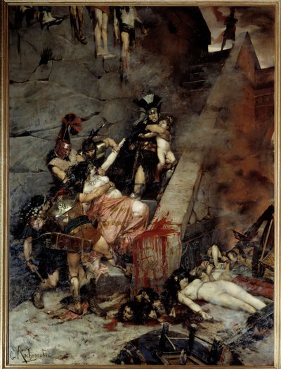 Andromaque. Dobytá Trója, Pyrrhus měl na kořisti podíl Hectorovy vdovy Andromaque a jeho syna Astyanaxe. Obraz Georgese Antoine Rochegrosse (1859-1938) od Georges Marie Rochegrosse