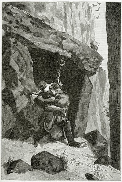Boj Hana Islandského a Ordenera - ilustrace z knihy Han Islandský, 19. století (čb. rytina) od Georges Marie Rochegrosse