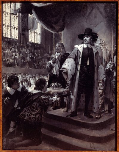 Olivier Cromwell (1599-1658) odmítá korunu Lord protektor Republiky Velké Británie navrhl korunu pokorná petice a Avis (Nový parlament) v roce 1658. Grisaille na dřevě od Georgese Antoine Rochegrosse (1859-1938) 19. století . od Georges Marie Rochegrosse